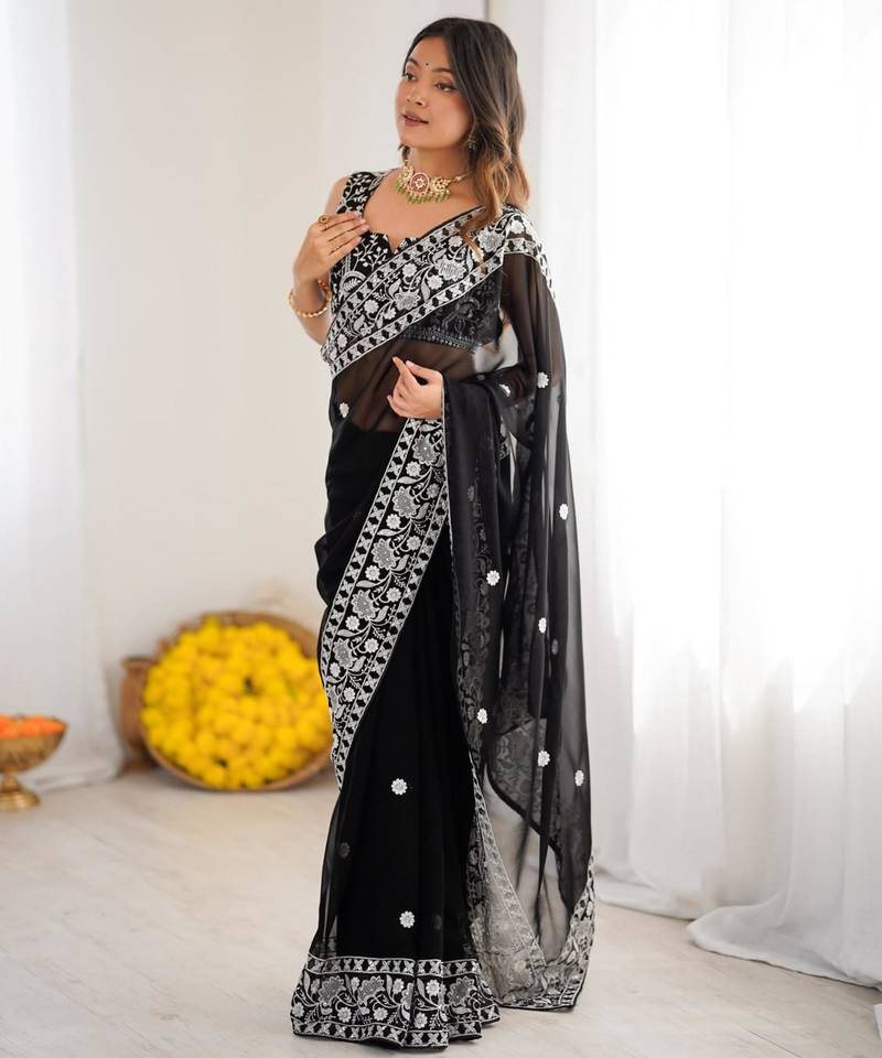 Black georgette thread work embroidered saree