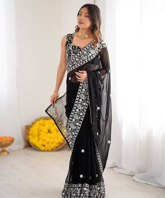 Black georgette thread work embroidered saree 2