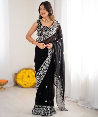 Black georgette thread work embroidered saree 3