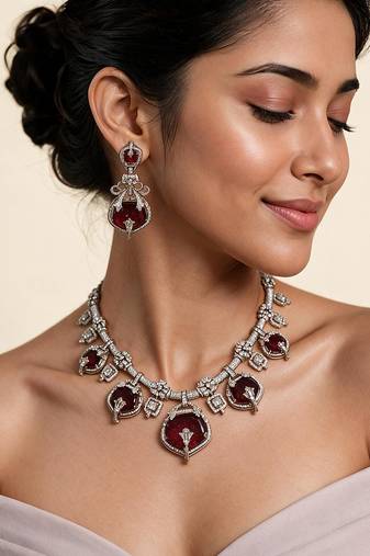 Ruby red semi precious stone moissanite necklace set