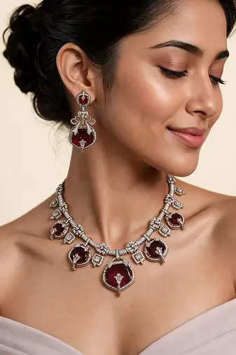 Ruby red semi precious stone moissanite necklace set
