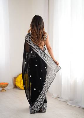 Black georgette thread work embroidered saree 4