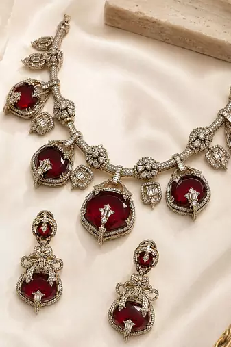 Ruby red semi precious stone moissanite necklace set
