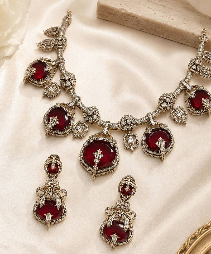 Ruby red semi precious stone moissanite necklace set