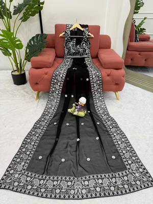 Black georgette thread work embroidered saree 5