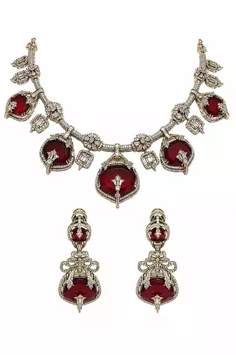 Ruby red semi precious stone moissanite necklace set