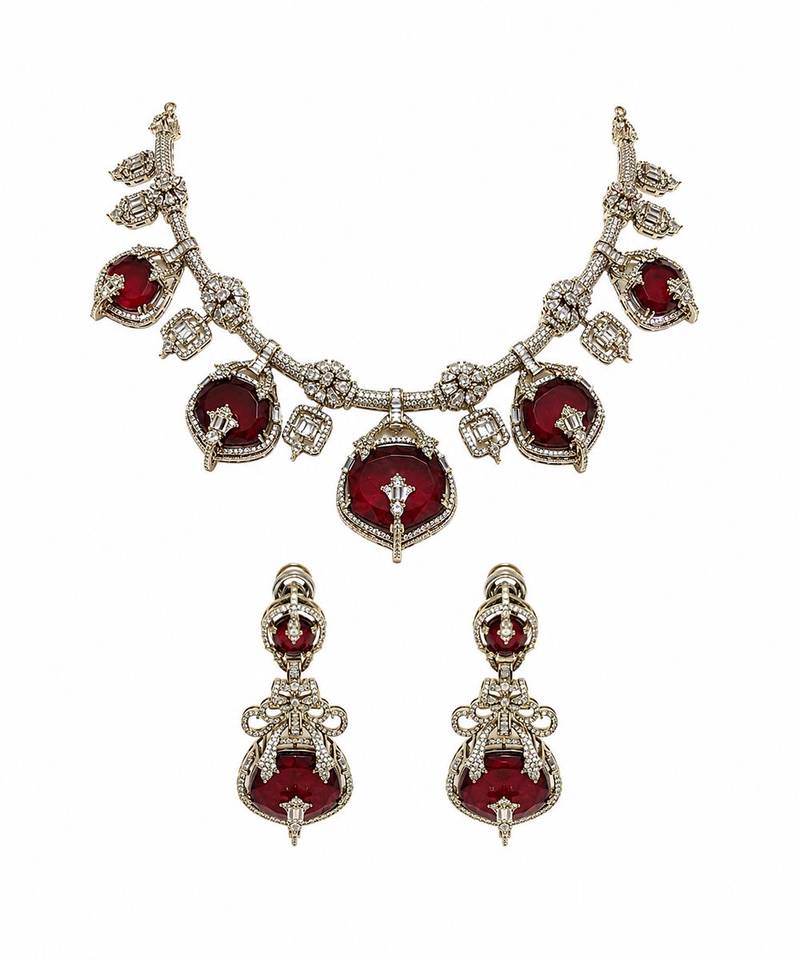 Ruby red semi precious stone moissanite necklace set