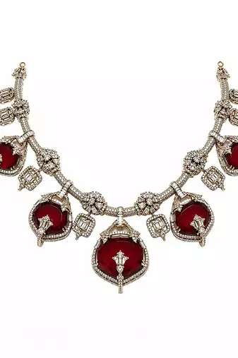 Ruby red semi precious stone moissanite necklace set