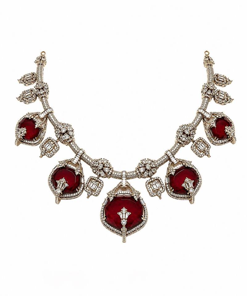 Ruby red semi precious stone moissanite necklace set