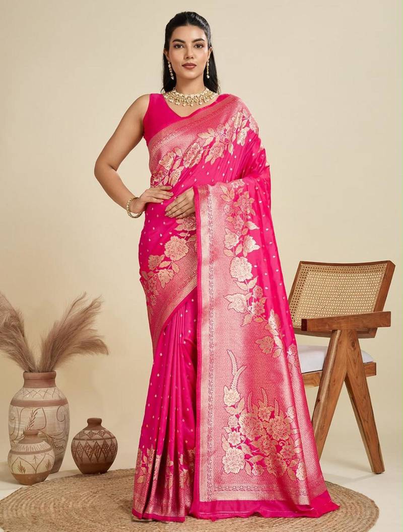 Rani-pink silk blend kanchipuram silk woven saree