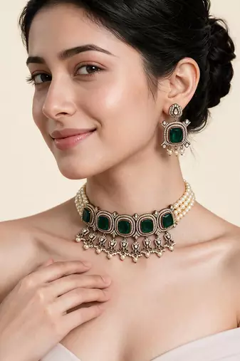 Emerald green moissanite pearl choker set