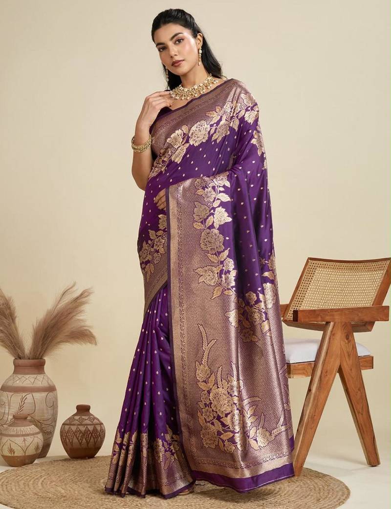 Dark-purple silk blend kanchipuram silk woven saree