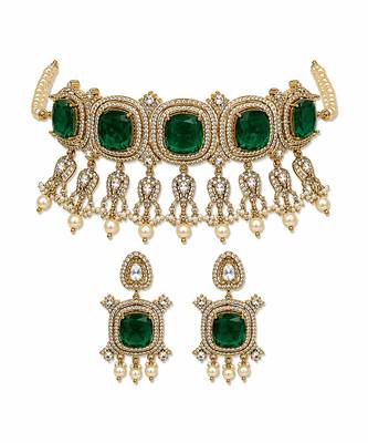 Emerald green moissanite pearl choker set 3