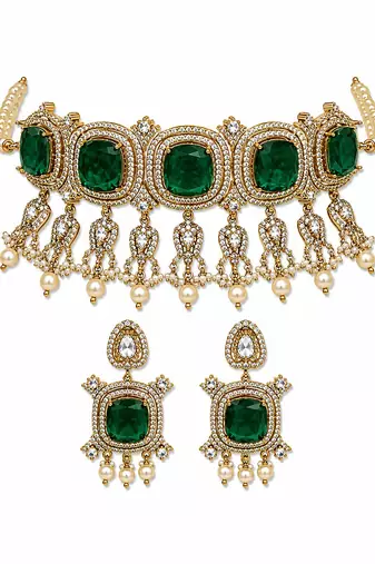Emerald green moissanite pearl choker set