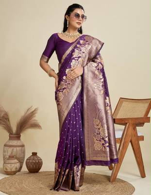 Dark-purple silk blend kanchipuram silk woven saree 2