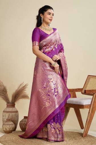 Purple silk blend kanchipuram silk woven saree