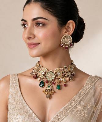 Gold plated handcrafted multicolor polki necklace set 1
