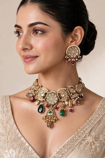 Gold plated handcrafted multicolor polki necklace set
