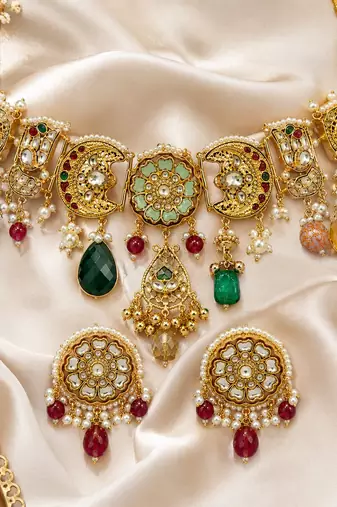 Gold plated handcrafted multicolor polki necklace set