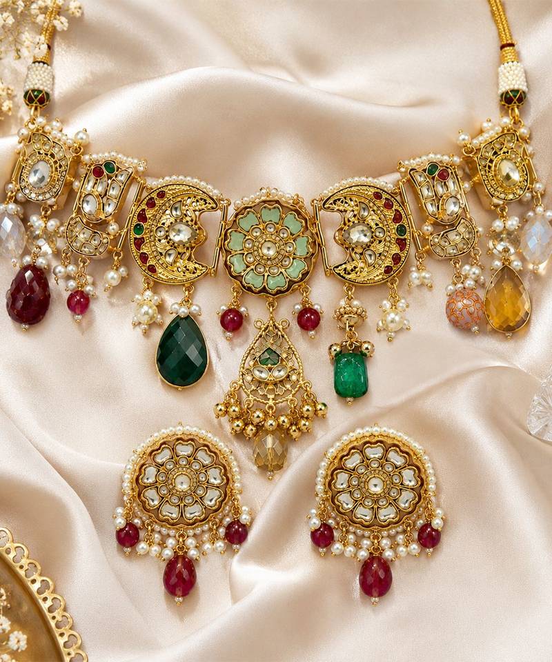 Gold plated handcrafted multicolor polki necklace set