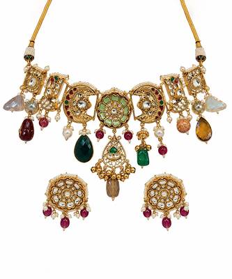 Gold plated handcrafted multicolor polki necklace set 3