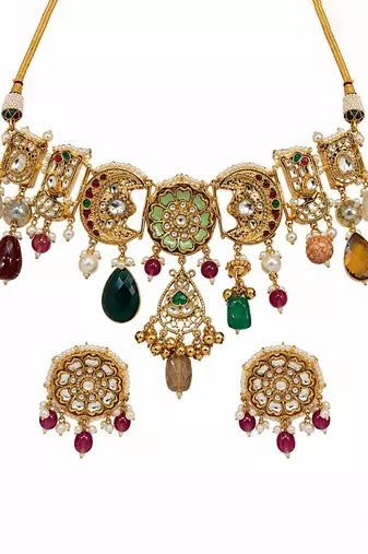 Gold plated handcrafted multicolor polki necklace set