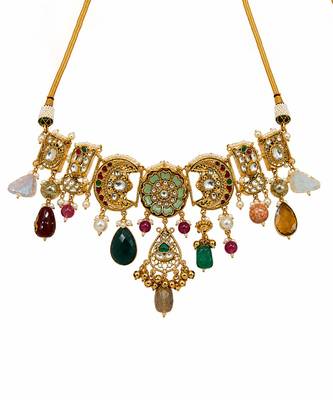 Gold plated handcrafted multicolor polki necklace set 4