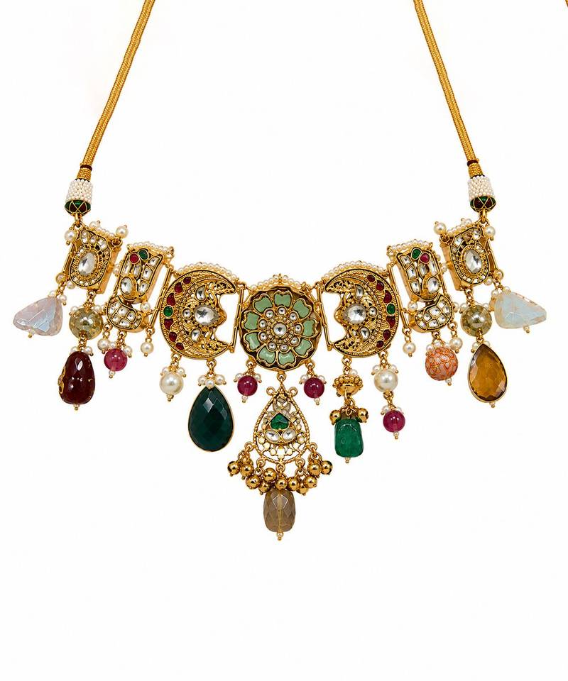 Gold plated handcrafted multicolor polki necklace set