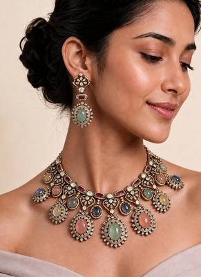 Multicolor semi precious stone moissanite necklace set 1