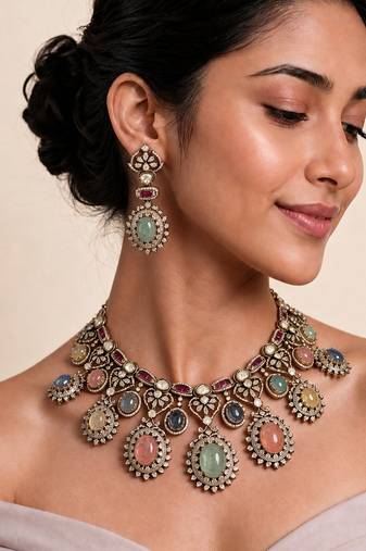 Multicolor semi precious stone moissanite necklace set