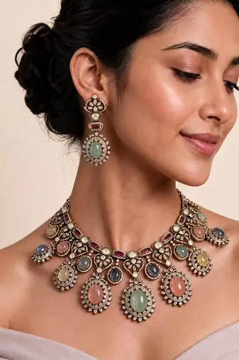 Multicolor semi precious stone moissanite necklace set