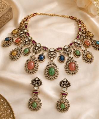 Multicolor semi precious stone moissanite necklace set 2