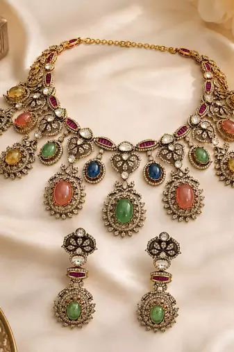Multicolor semi precious stone moissanite necklace set