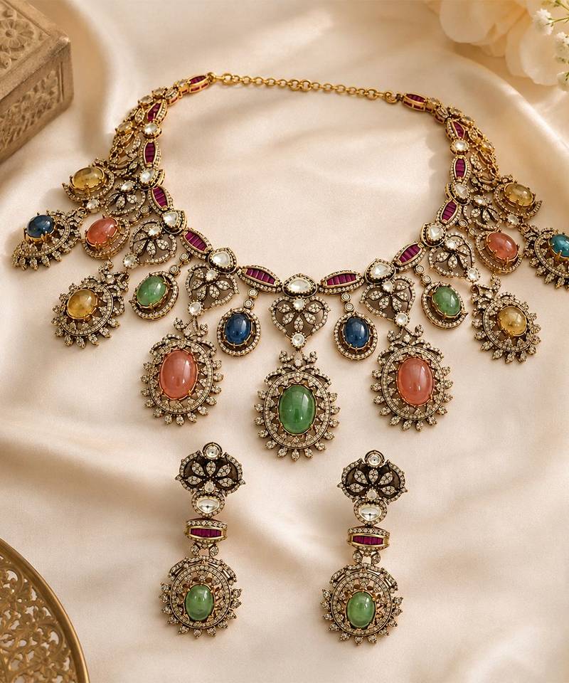 Multicolor semi precious stone moissanite necklace set