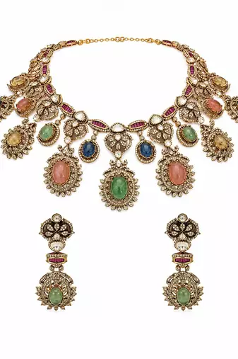 Multicolor semi precious stone moissanite necklace set