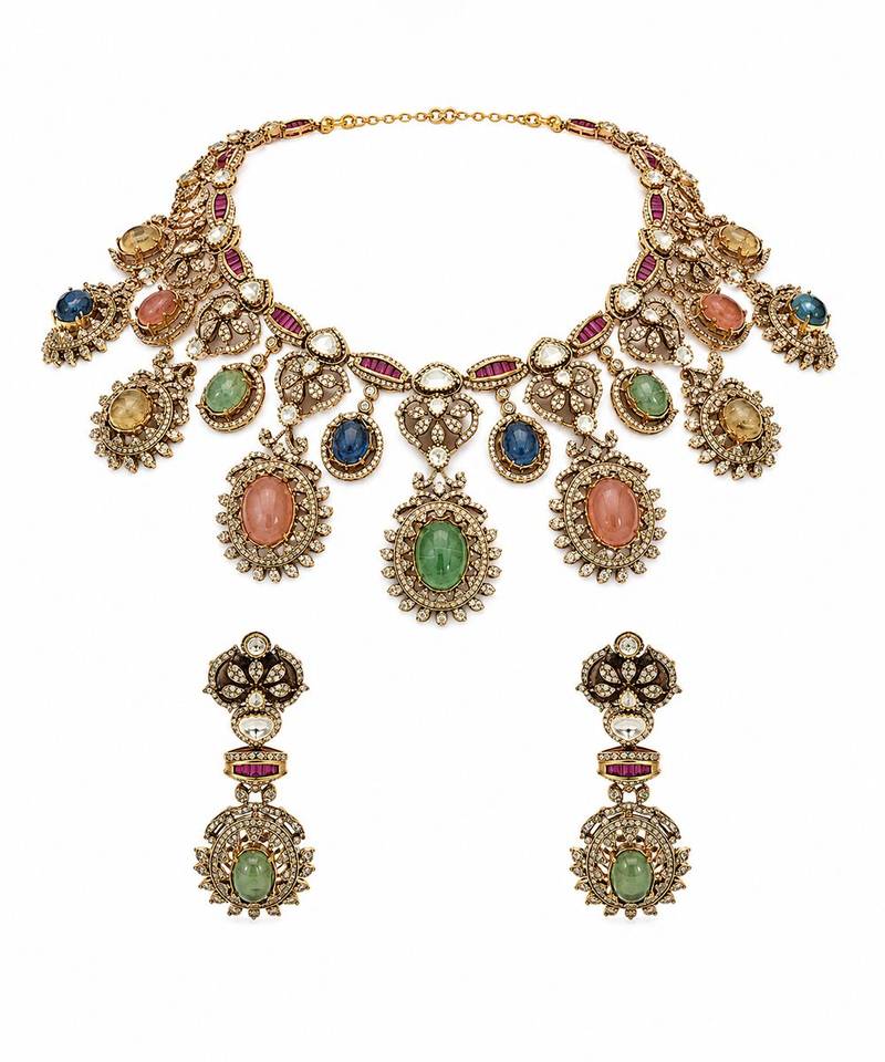 Multicolor semi precious stone moissanite necklace set