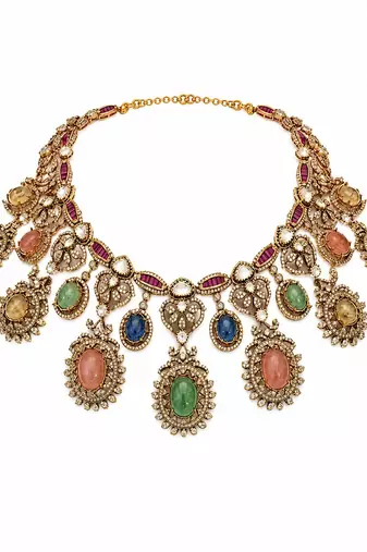 Multicolor semi precious stone moissanite necklace set