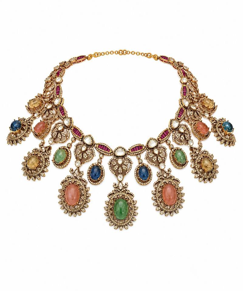 Multicolor semi precious stone moissanite necklace set