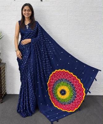 Navy-blue satin mirror work printed saree 1