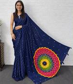 Navy-blue satin mirror work printed saree