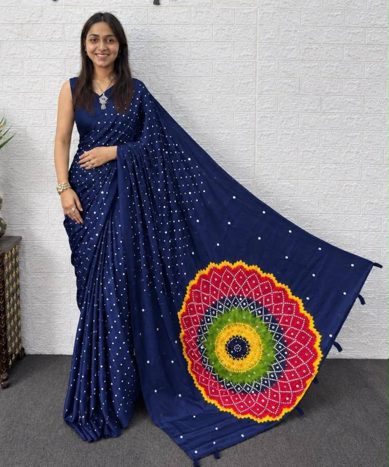Navy-blue satin mirror work printed saree