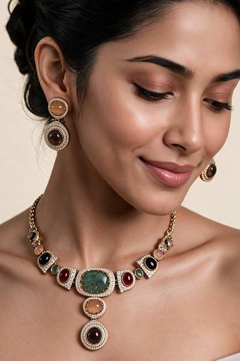 Multicolor semi precious stone moissanite necklace set
