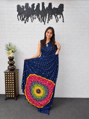 Navy-blue satin mirror work printed saree 2