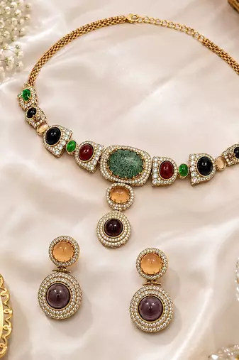 Multicolor semi precious stone moissanite necklace set