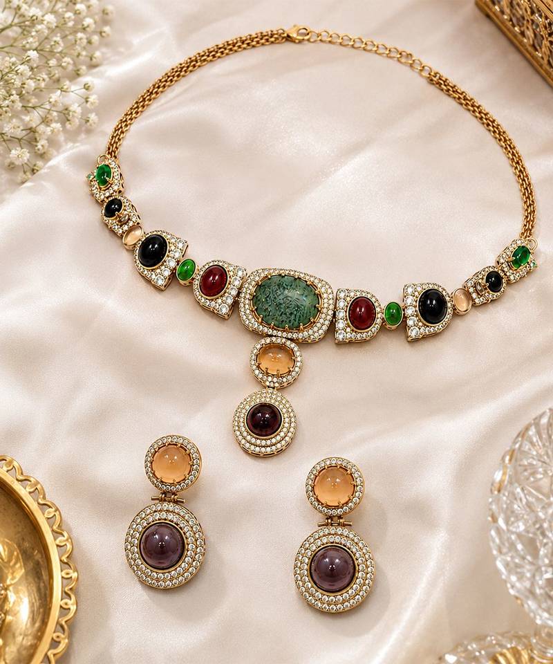 Multicolor semi precious stone moissanite necklace set