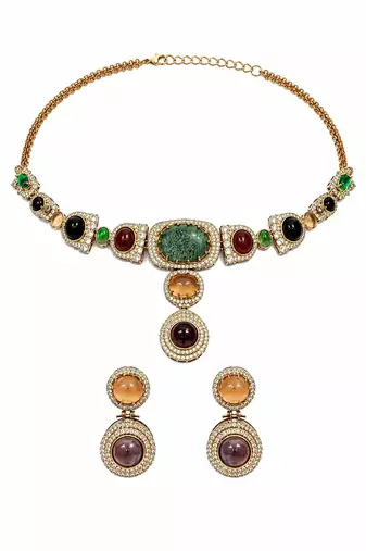 Multicolor semi precious stone moissanite necklace set