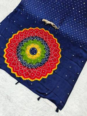 Navy-blue satin mirror work printed saree 3