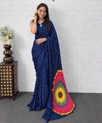 Navy-blue satin mirror work printed saree 4