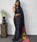 Black satin mirror work printed saree
