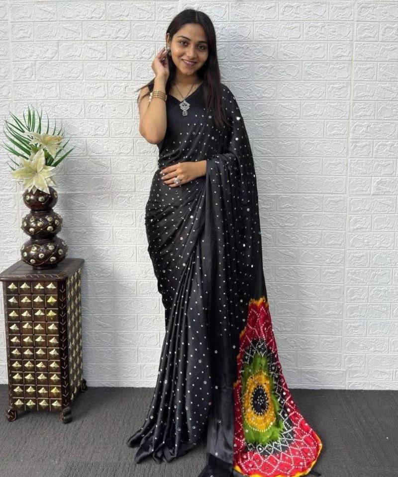 Black satin mirror work printed saree